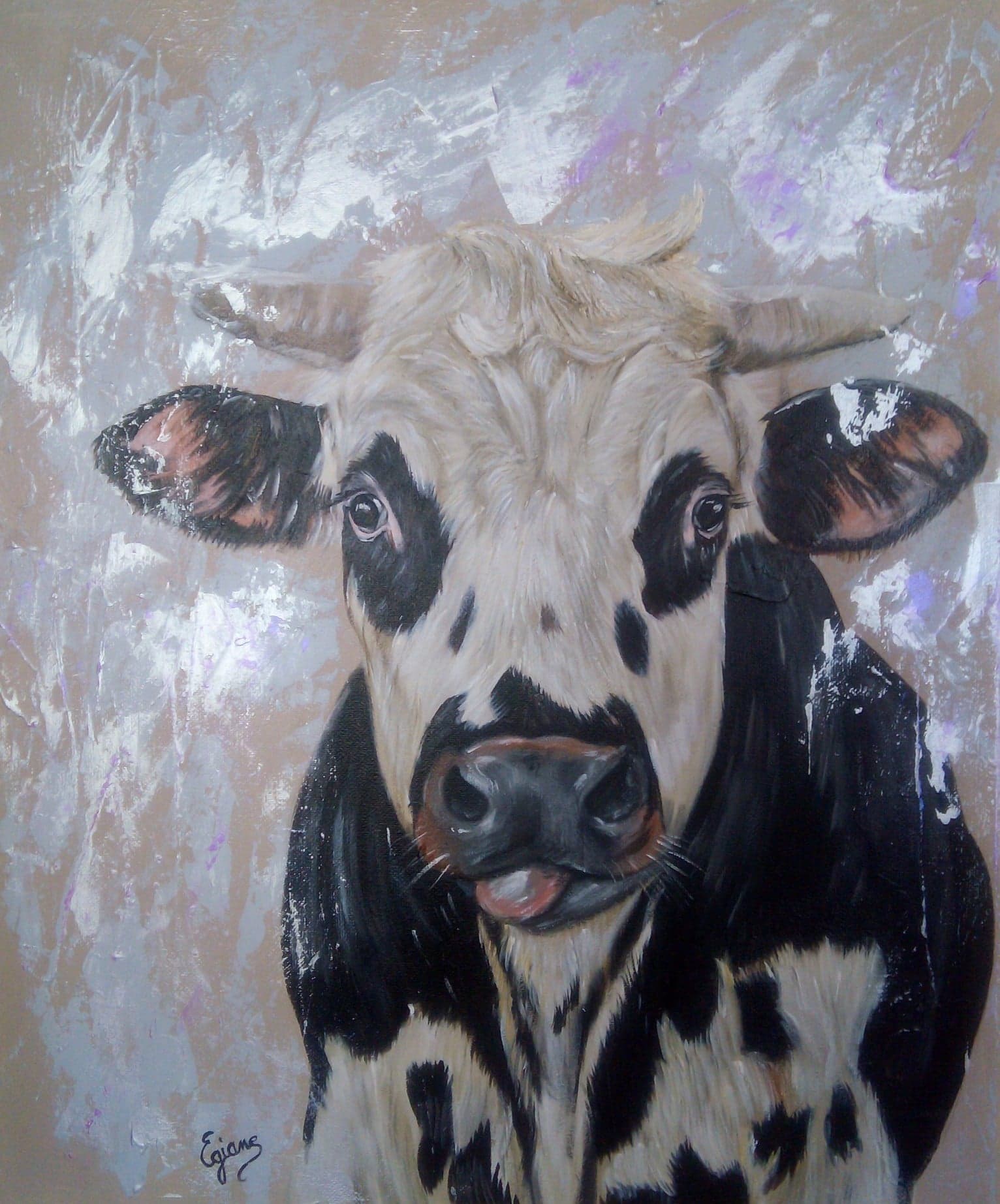 Vache,technique mixte et peinture acrylique sur toile