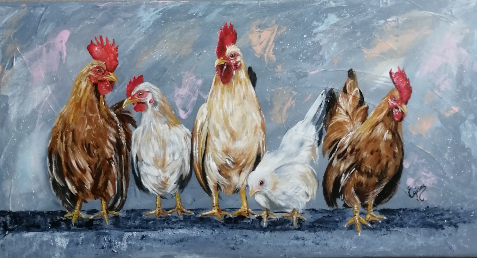 Bande de poulettes, peinture acryliques sur toile
